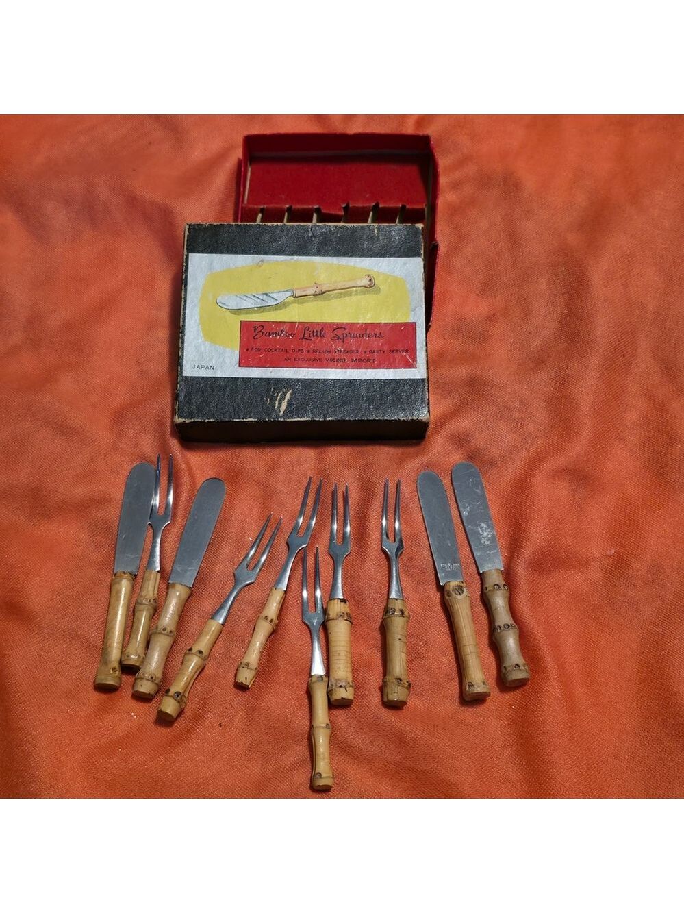 4/$25 Deal! Vintage Bamboo Handle Cocktail Server Fork and Knife Set - Small